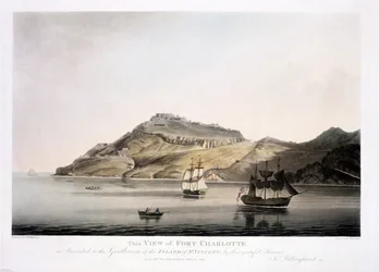 Ansicht von Fort Charlotte auf der Insel St. Vincent, graviert und veröffentlicht von Francis Jukes, 1800